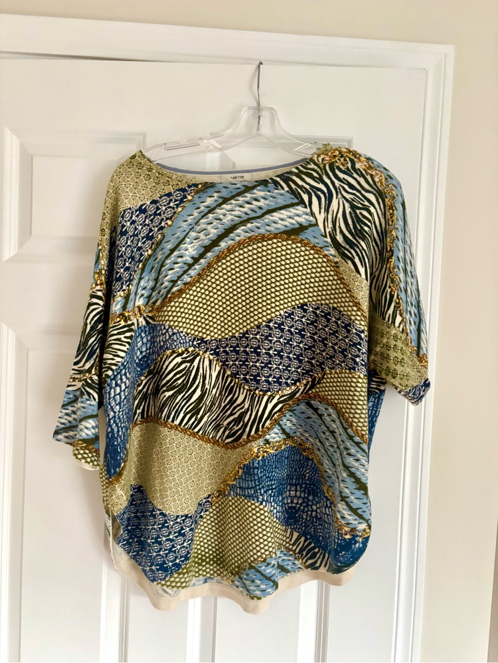 Oversized Tyler Boe Mixed Wave Print Short Sleeve Top in Blue, Green & Gold.